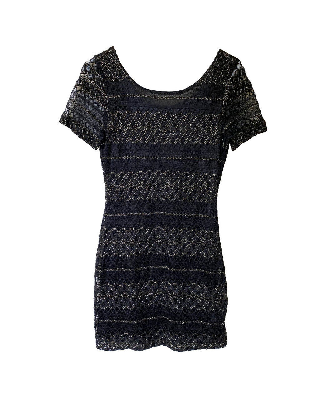 Forever 21 Size S/M Medium Nylon Black and Gold Lace Mini Dress Short Sleeve - Picture 4 of 7